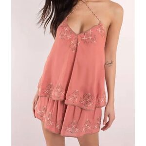 TJD Women’s Bohemian  DESERT ROSE CROSS HALTER ROMPER Salmon Embroidered Sz M